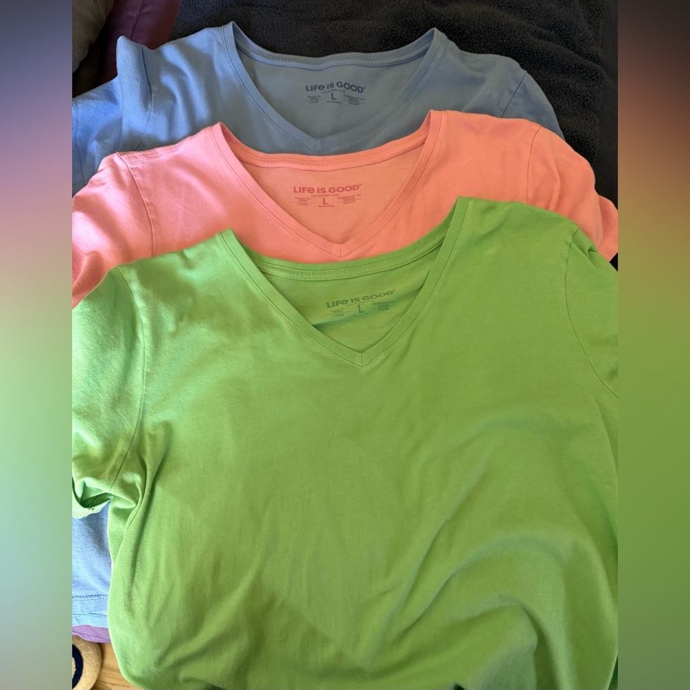 Life Is Good V-Neck T-Shirts - Light Blue, Coral, Lime, Size L, never worn